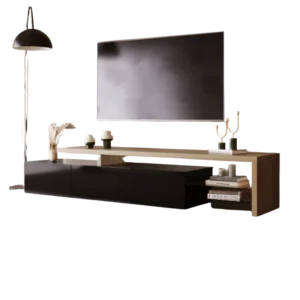 Meuble TV moderne effet bois étagères en verre et LED 240 cm - Isis Aura - Photo 1