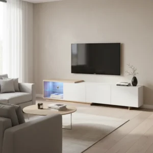Meuble TV moderne effet bois étagères en verre et LED 240 cm - Isis Aura - lifestyle vue de face