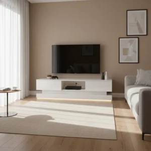 Meuble TV moderne haute brillance 2 tiroirs éclairage LED 160 cm - Romy - lifestyle vue de face