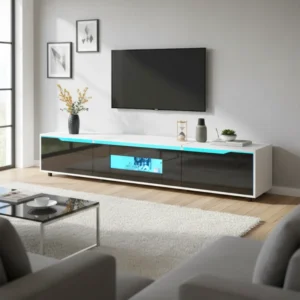 Meuble TV moderne haute brillance avec éclairage LED 180cm - Nolan Lane - lifestyle vue de face