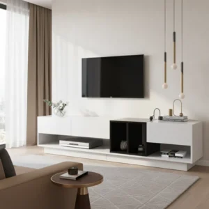 Meuble TV moderne noir et blanc 3 tiroirs et niches 190 cm - Ari - lifestyle vue de face