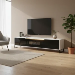 Meuble TV moderne noir et blanc avec éclairage LED 180 cm - Ari Vale - lifestyle vue de face