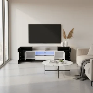 Meuble TV moderne noir et blanc avec éclairage LED 200 cm - Ariel Oak - lifestyle vue de face