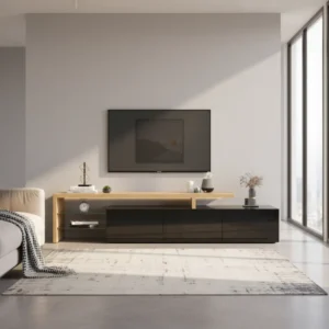 Meuble TV moderne noir et bois avec éclairage LED 198 cm - Oslo Line - lifestyle vue de face