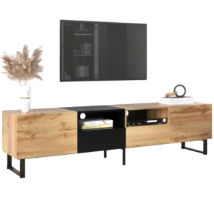 Meuble TV moderne noir et naturel 2 portes 2 tiroirs 190 cm - Mona Atelier - Photo 1
