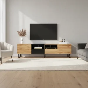 Meuble TV moderne noir et naturel 2 portes 2 tiroirs 190 cm - Mona Atelier - lifestyle vue de face