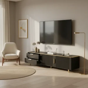 Meuble TV moderne noir et or 2 portes 2 tiroirs 175 cm - Elior Vale - lifestyle vue de face