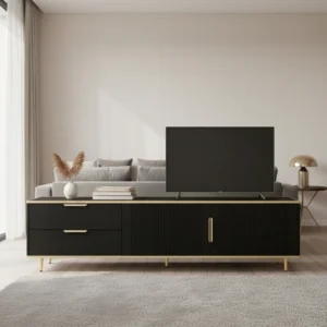Meuble TV moderne noir et or 2 tiroirs 2 portes 175 cm - Mona Forma - lifestyle vue de face