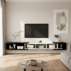 Meuble TV moderne pivotant aspect marbre blanc accents dorés 140-260 cm - Mika Nest - lifestyle vue de face