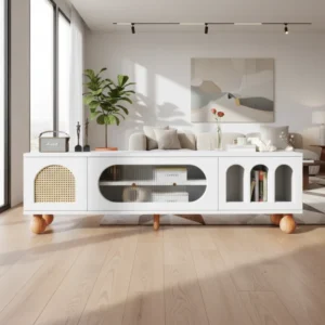 Meuble TV moderne porte coulissante verre et rotin 170 cm - Aston Craft - lifestyle vue de face