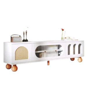 Meuble TV moderne porte coulissante verre et rotin 170 cm - Aston Craft - Variante #3317