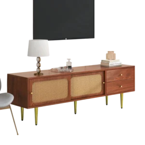 Meuble TV moderne portes coulissantes en rotin et tiroirs 160 cm - Dario - Photo 1