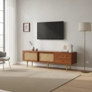 Meuble TV moderne portes coulissantes en rotin et tiroirs 160 cm - Dario - lifestyle vue de face