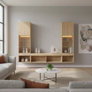Meuble TV mural LED RGB chêne Sonoma ensemble 5 pièces - Jules Living - lifestyle vue de face