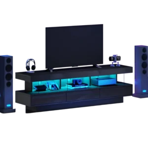 Meuble TV noir brillant avec niches en verre et éclairage LED 160 cm - Ari Oak - Variante #2603