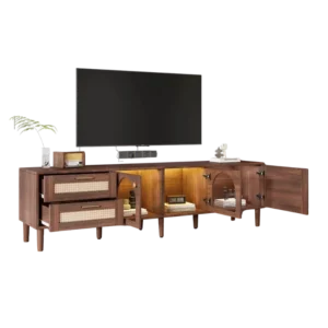 Meuble TV rotin style bohème portes vitrées arquées et LED 180 cm - Ari Lane - Variante #2469
