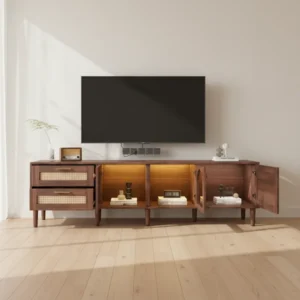 Meuble TV rotin style bohème portes vitrées arquées et LED 180 cm - Ari Lane - lifestyle vue de face