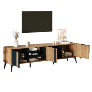 Meuble TV rustique 3 portes et étagères ouvertes 180 cm - Lia Urban
