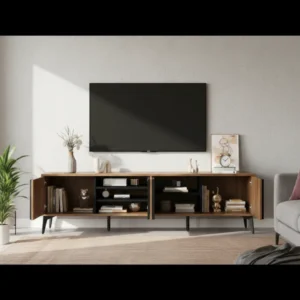 Meuble TV rustique 3 portes et étagères ouvertes 180 cm - Lia Urban