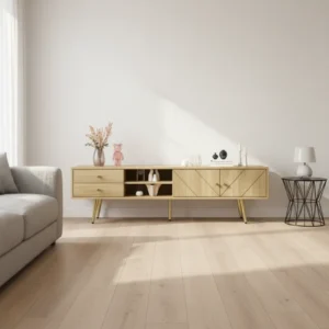 Meuble TV scandinave 160 cm avec tiroirs et pieds dorés - Avery Forma - lifestyle vue de face