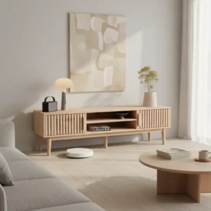 Meuble TV scandinave finition bois avec rangement 150 cm - Kara Casa - lifestyle vue de face