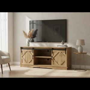 Meuble TV style campagne 2 portes coulissantes étagères réglables 150 cm - Kylan Studio - lifestyle vue de face