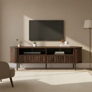 Meuble TV sur pied noyer 2 tiroirs et niches 160 cm - Nilo Prime - lifestyle vue de face