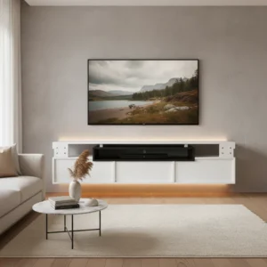 Meuble TV suspendu blanc laqué avec LED et 3 tiroirs 160cm - Tess - lifestyle vue de face