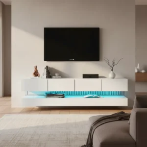 Meuble TV suspendu moderne 4 tiroirs et éclairage LED 130 cm - Noe Nord - lifestyle vue de face