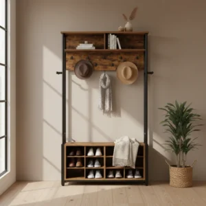 Porte-manteau avec banc entrée style industriel 14 compartiments - Nora Forma - lifestyle vue de face