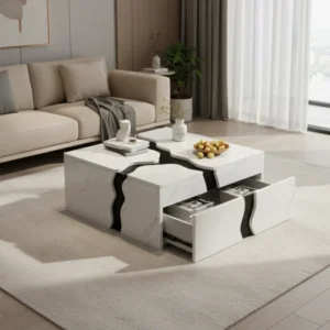 Table basse carrée effet marbre avec tiroir 70x70 cm - Kylan Living - lifestyle vue de face