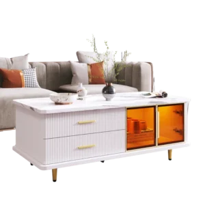Table basse moderne bois et métal avec tiroirs et LED - Auro Aura