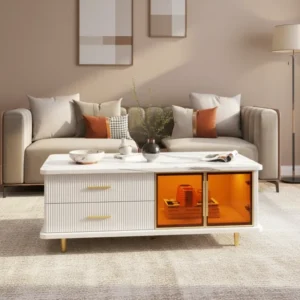 Table basse moderne bois et métal avec tiroirs et LED - Auro Aura - lifestyle vue de face