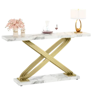 Table console moderne plateau marbre blanc structure dorée 140 cm - Iris Oak - Photo 1