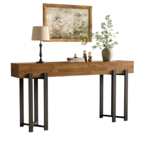 Table console style industriel plateau chêne pieds métal 160 cm - Loris Atelier - Photo 1
