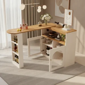 Table de bar extensible moderne pivotante avec rangements et façade en verre - Eden Oak - lifestyle vue de face