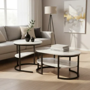 Tables basses gigognes modernes plateau effet marbre pieds métal - Naya - lifestyle vue de face