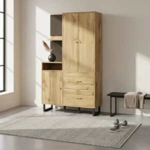 Vestiaire d'entrée bois et noir avec penderie et tiroirs 110 cm - Eden Casa - lifestyle vue de face