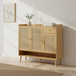Armoire à chaussures couloir 3 portes et tiroir naturel 120 cm - Nino Edge - lifestyle vue de face