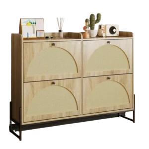Armoire à chaussures étroite couloir 4 abattants aspect rotin 118 cm - Tilio Lane - Photo 1