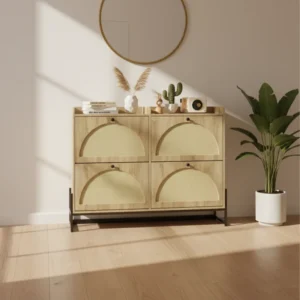 Armoire à chaussures étroite couloir 4 abattants aspect rotin 118 cm - Tilio Lane - lifestyle vue de face