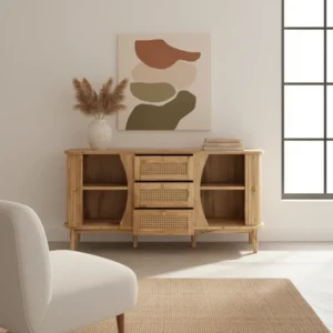 Buffet en rotin style rustique avec portes coulissantes et tiroirs 141 cm - Noam Aura - lifestyle vue de face