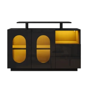 Buffet noir moderne avec éclairage LED et portes ovales en verre - Eden Edge - Photo 1