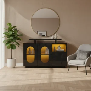 Buffet noir moderne avec éclairage LED et portes ovales en verre - Eden Edge - lifestyle vue de face