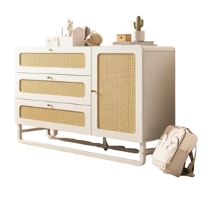 Commode style campagne 3 tiroirs et placard effet rotin blanc 120 cm - Livia Casa - Photo 1