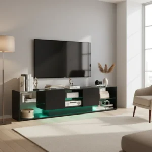 Meuble TV bas moderne LED 2 tiroirs 200 cm - Niels Prime - lifestyle vue de face