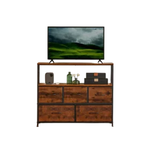 Meuble TV commode moderne 5 tiroirs en tissu cadre métal - Livia Lane - Photo 1