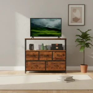 Meuble TV commode moderne 5 tiroirs en tissu cadre métal - Livia Lane - lifestyle vue de face