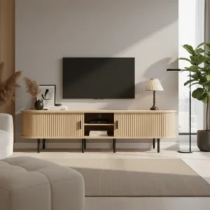 Meuble TV elliptique moderne portes coulissantes et étagères ouvertes 170 cm - Nora Line - lifestyle vue de face