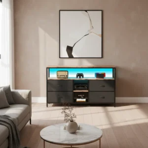 Meuble TV industriel rétro 4 tiroirs et étagères ouvertes 108 cm - Kael Home - lifestyle vue de face